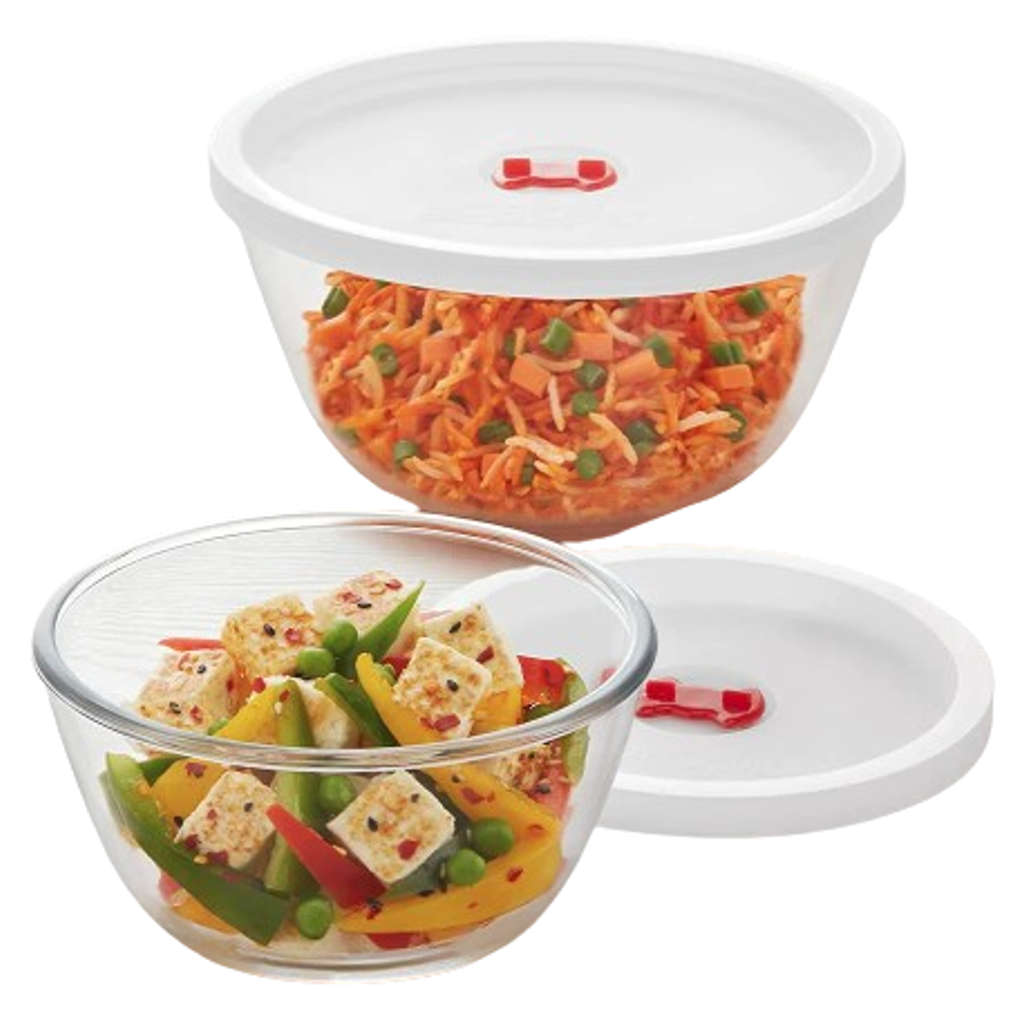 Borosil Mixing & Serving Glass Bowl With White Lid Set Of 2 (500ml + 500ml) IH22MB01250 