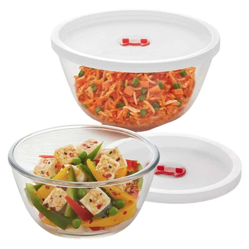 Borosil Mixing & Serving Glass Bowl With White Lid Set Of 2 (500ml + 500ml) IH22MB01250 