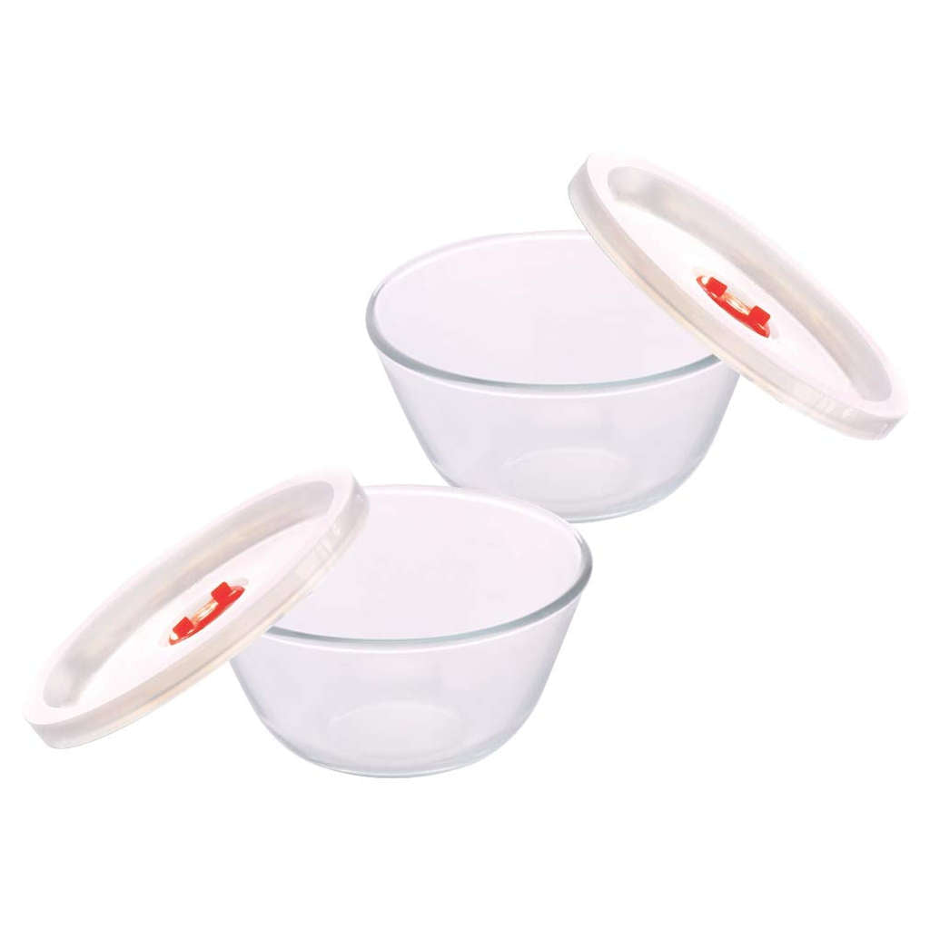 Borosil Mixing & Serving Glass Bowl With White Lid Set Of 2 (500ml + 500ml) IH22MB01250