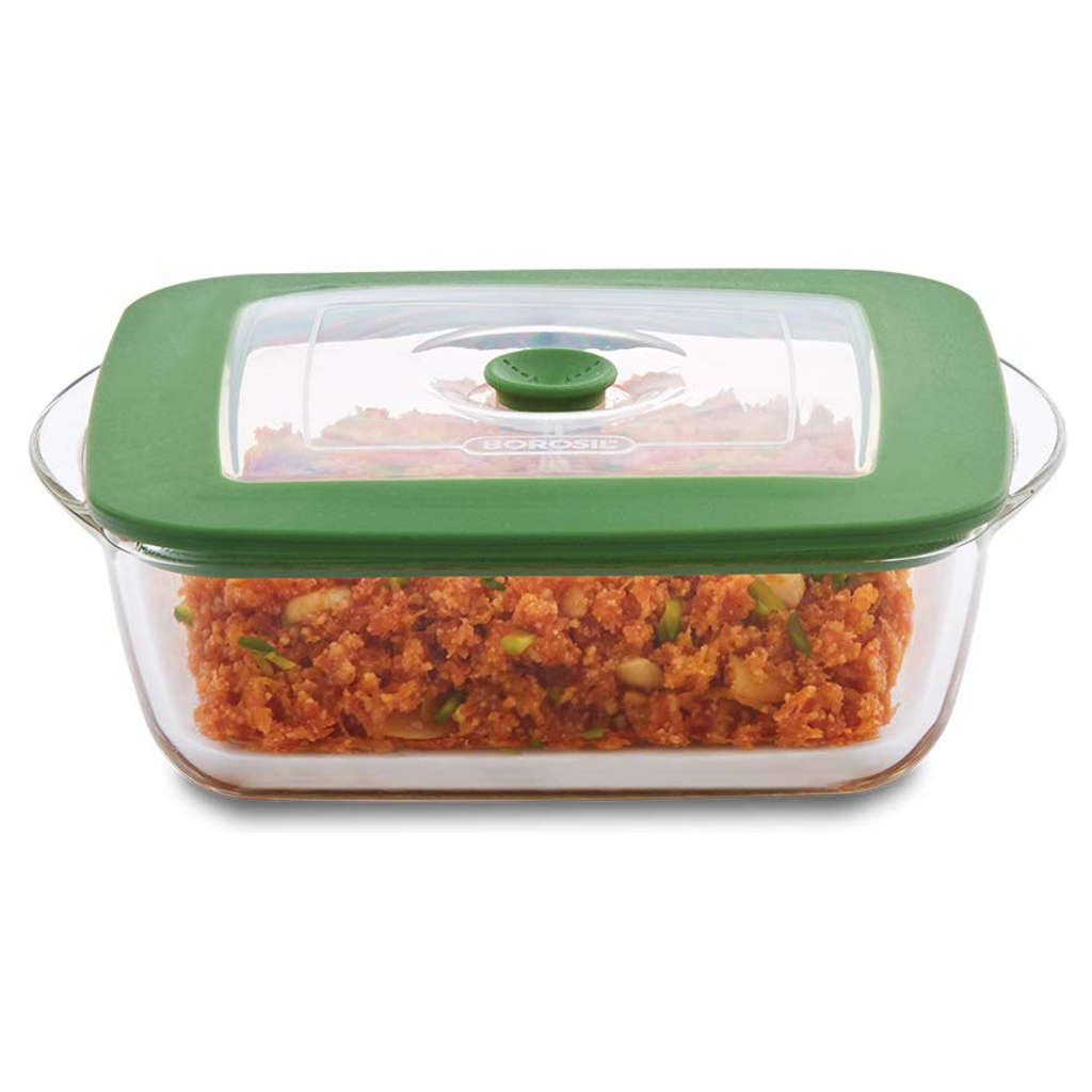 Borosil Square Glass Dish With Green Lid 1 Litre IYSQGRL1000 