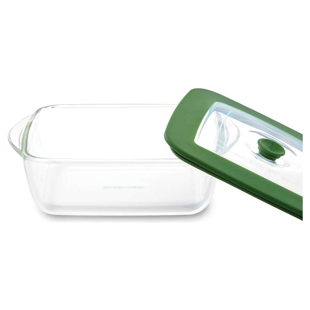 Borosil Square Glass Dish With Green Lid 1 Litre IYSQGRL1000