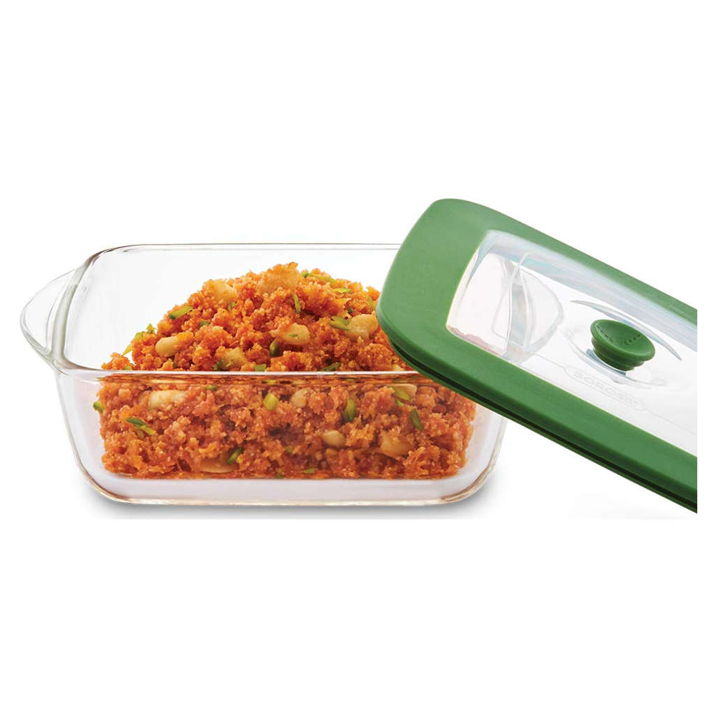 Borosil Square Glass Dish With Green Lid 2.2 Litre IYSQGRL2200
