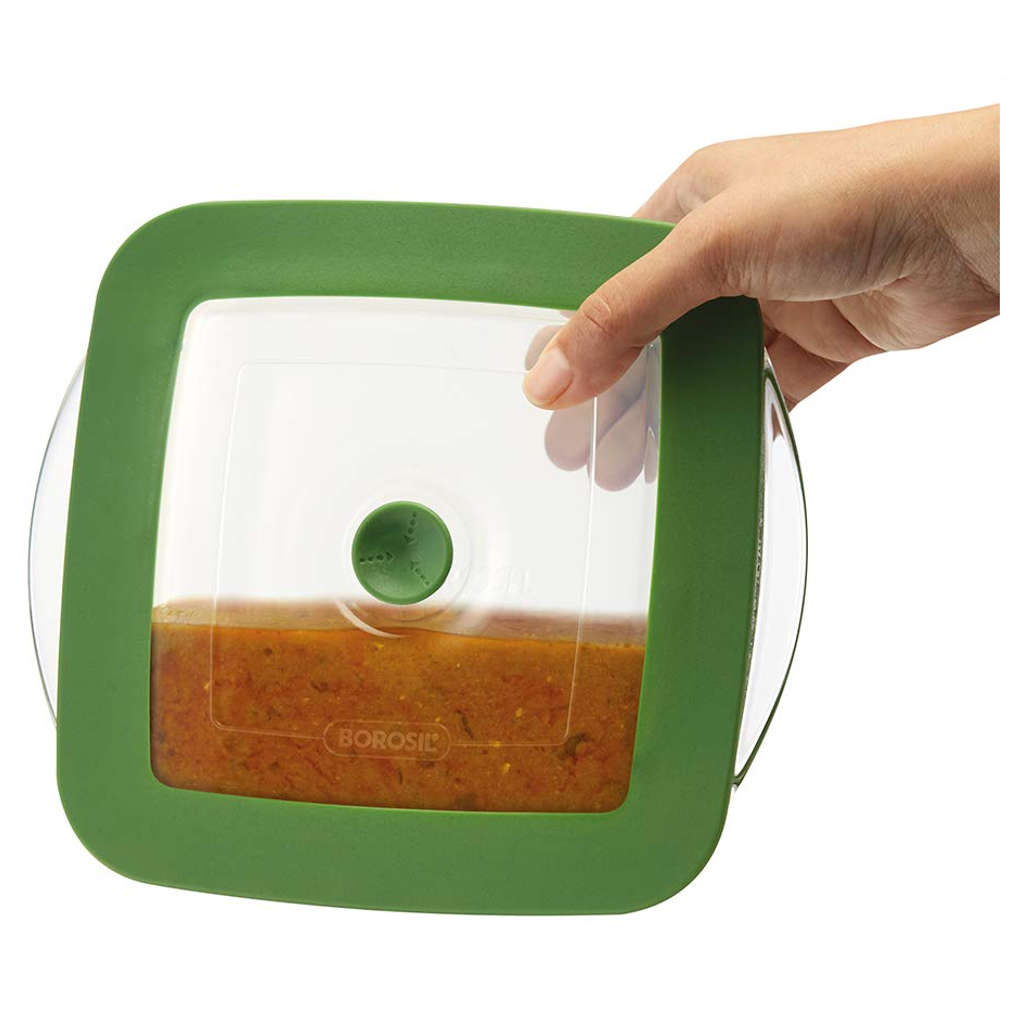 Borosil Square Glass Dish With Green Lid 2.2 Litre IYSQGRL2200