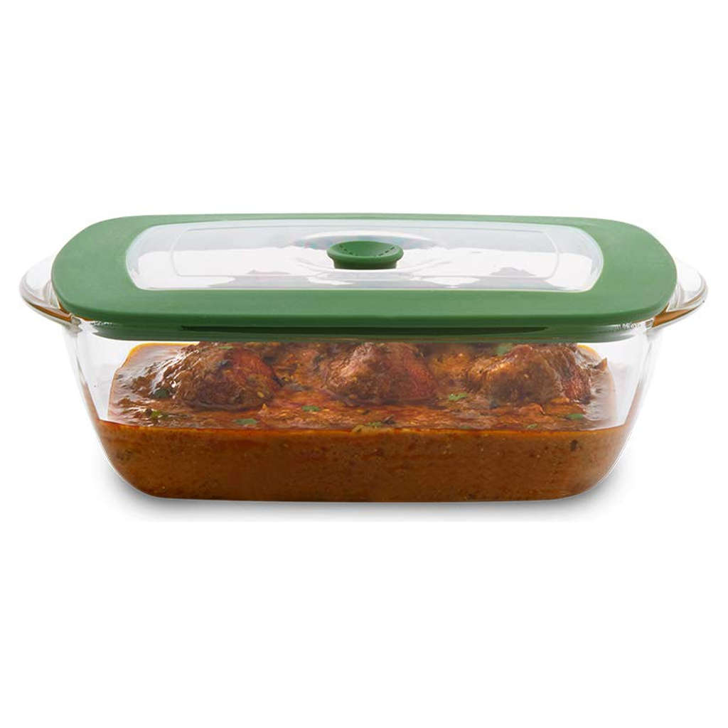 Borosil Rectangular Glass Dish With Green Lid 1.1 Litre IYREGRL1100 