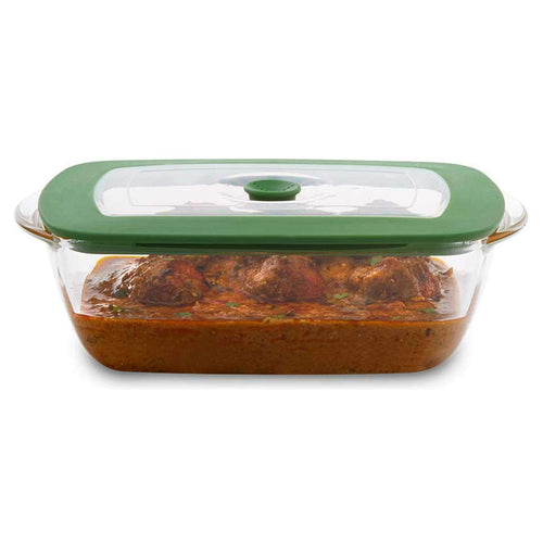 Borosil Rectangular Glass Dish With Green Lid 1.1 Litre IYREGRL1100 