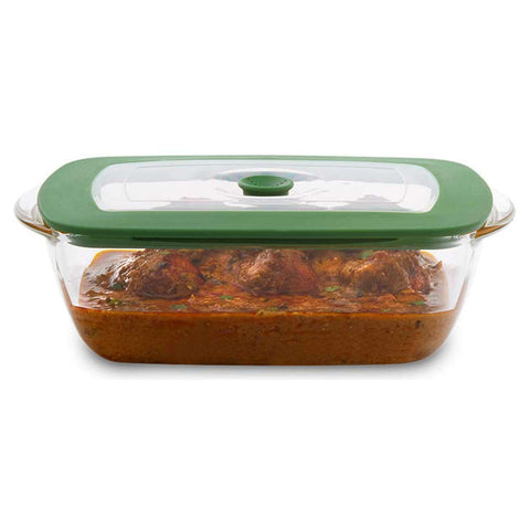 Borosil Rectangular Glass Dish With Green Lid 1.1 Litre IYREGRL1100 