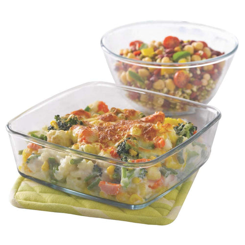 Borosil Mixing & Serving Glass Bowl & Square Dish With Plastic Lid (1.3Litre + 800ml) IH77GS03702 