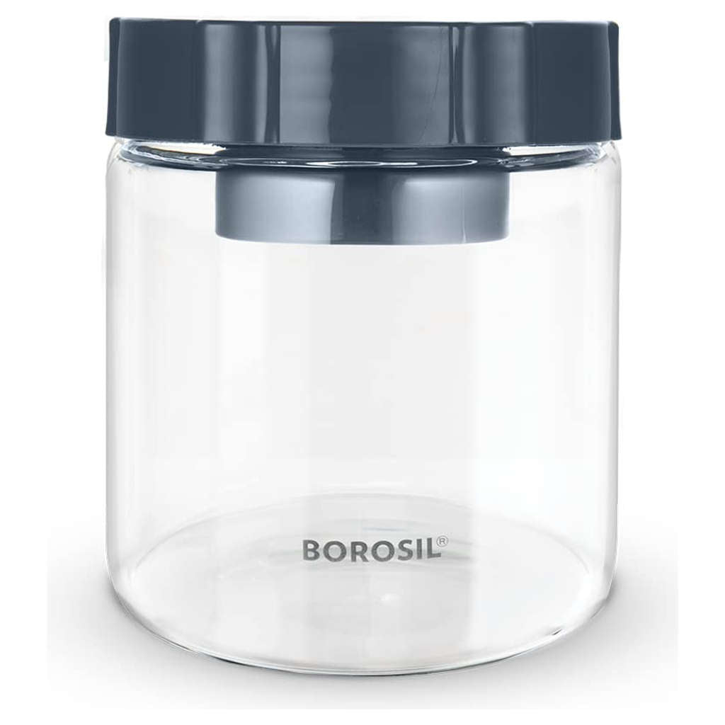 Borosil EasyScoop Endura Airtight Glass Storage Jar With PP Gray Lid 600 ml BVGJRESP600