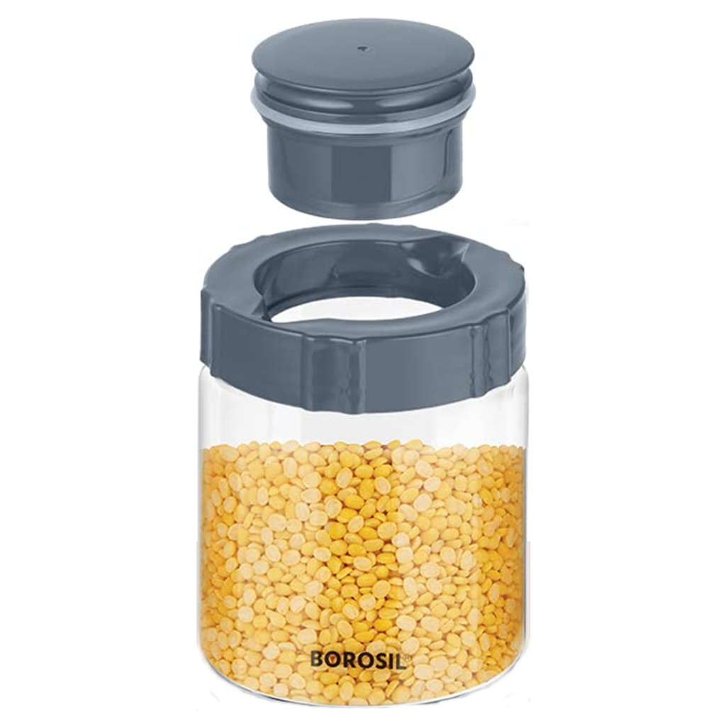 Borosil EasyScoop Endura Airtight Glass Storage Jar With PP Gray Lid 600 ml BVGJRESP600
